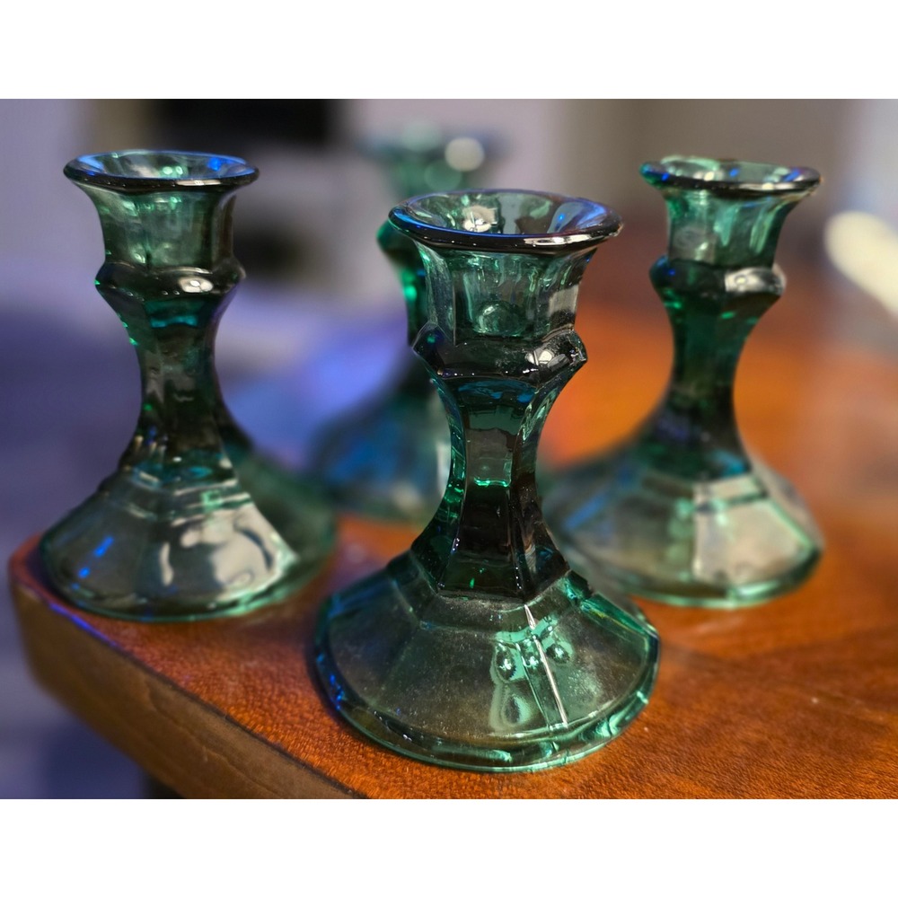 Vintage Indiana Emerald Green Glass Candlestick Holders Set of 4 Hexagonal Base